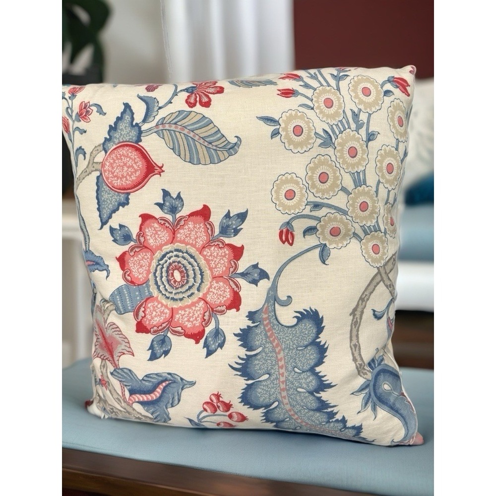 Schumacher Arborvitae Linen Floral Pillow Cover Rose & Delft 26x26 - B - Picture 2 of 5